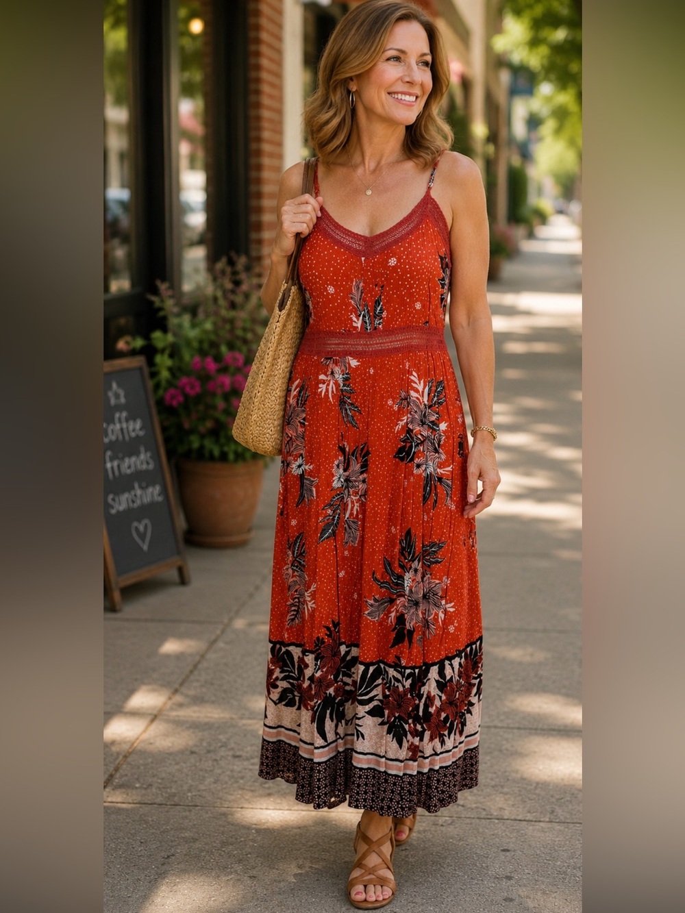 Patrons of Peace Rust Red Floral Maxi Dress with Spaghetti Straps